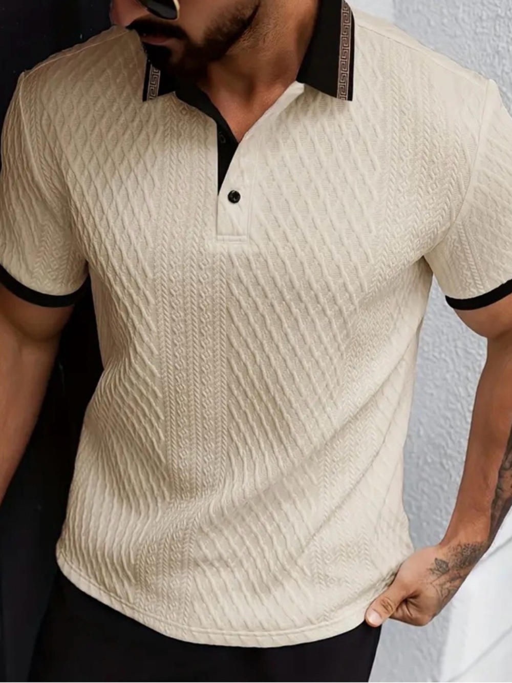Men's Textured Polo Shirt in Cream with Black Trim